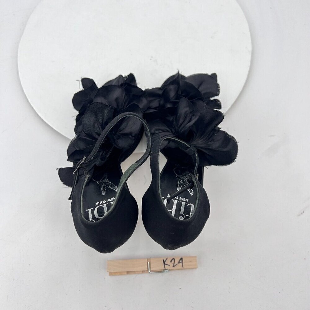 Lavorazione Artigiana Women Shoes Size 7B Black Leather Floral Satin Heel Sandal - Picture 9 of 12